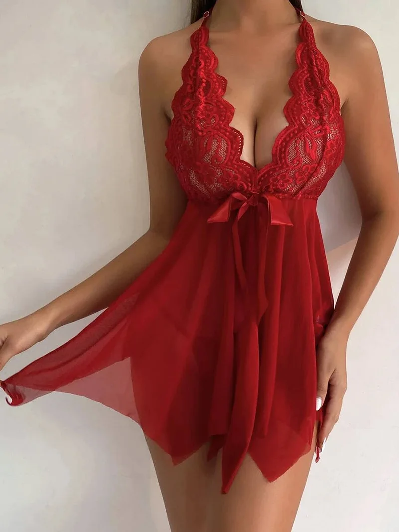 S-3XL Women Sleepwear Sexy Pajamas V-neck Lace Dress Mujer Lingerie Pornos Costumes Exotic Apparel Female Underwear Nightgown