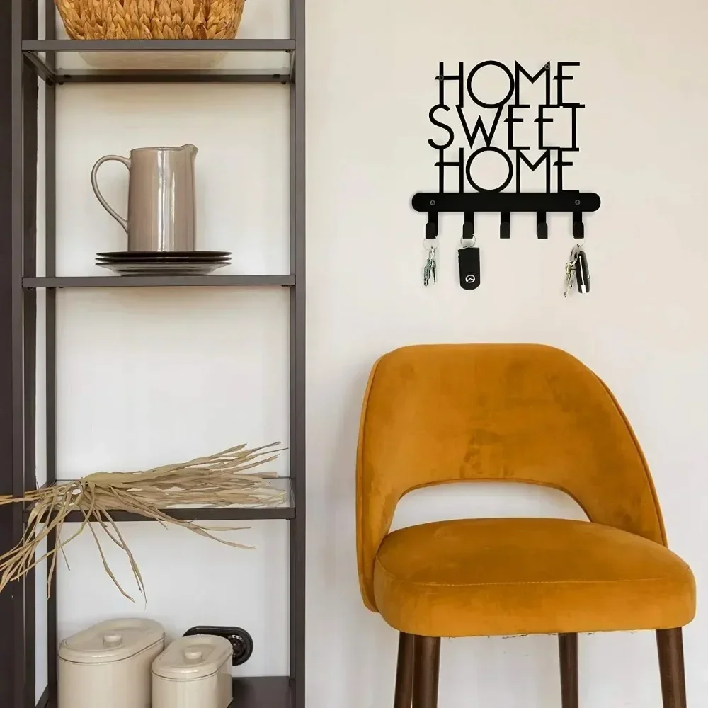 Crochet Key Holder for Wall, Home Sweet Home Sign 5 Hooks, Decorative Key Organizer Coat Rack Wall Mount Towel Rack Wall 6
