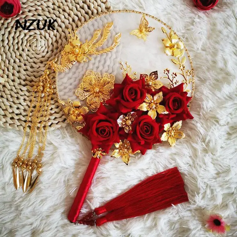 

NZUK Burgundy Chinese Bridal Fan Gold Brooch Wedding Bouquet 2022 Artificial Bride flowers Rose Hydrangea Bouquet