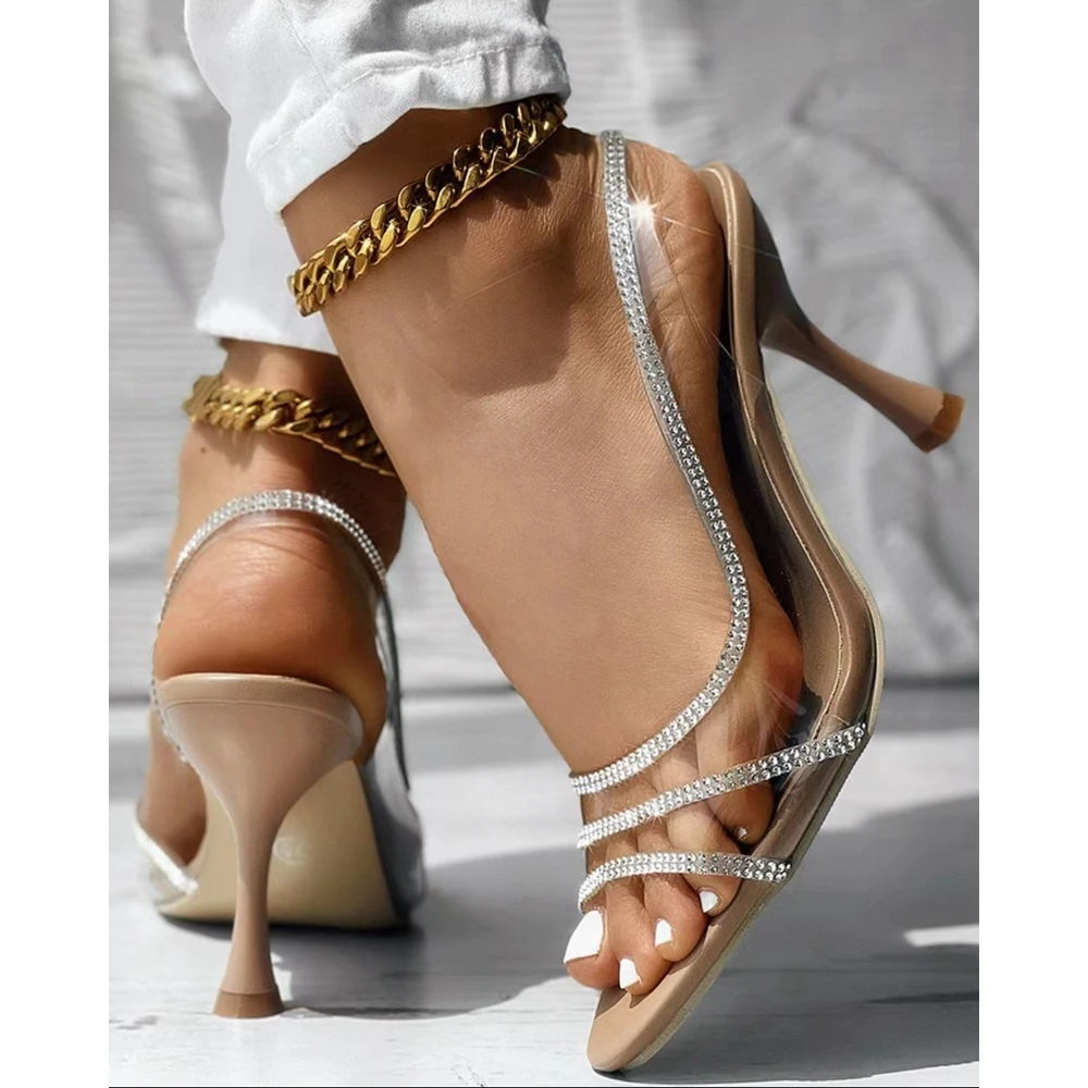 Women Rhinestone Decor Pyramid Heel Sandals Autumn Party Pointed Toe Back Strap Thin Heel Pumps Korean Style Spring Fashion