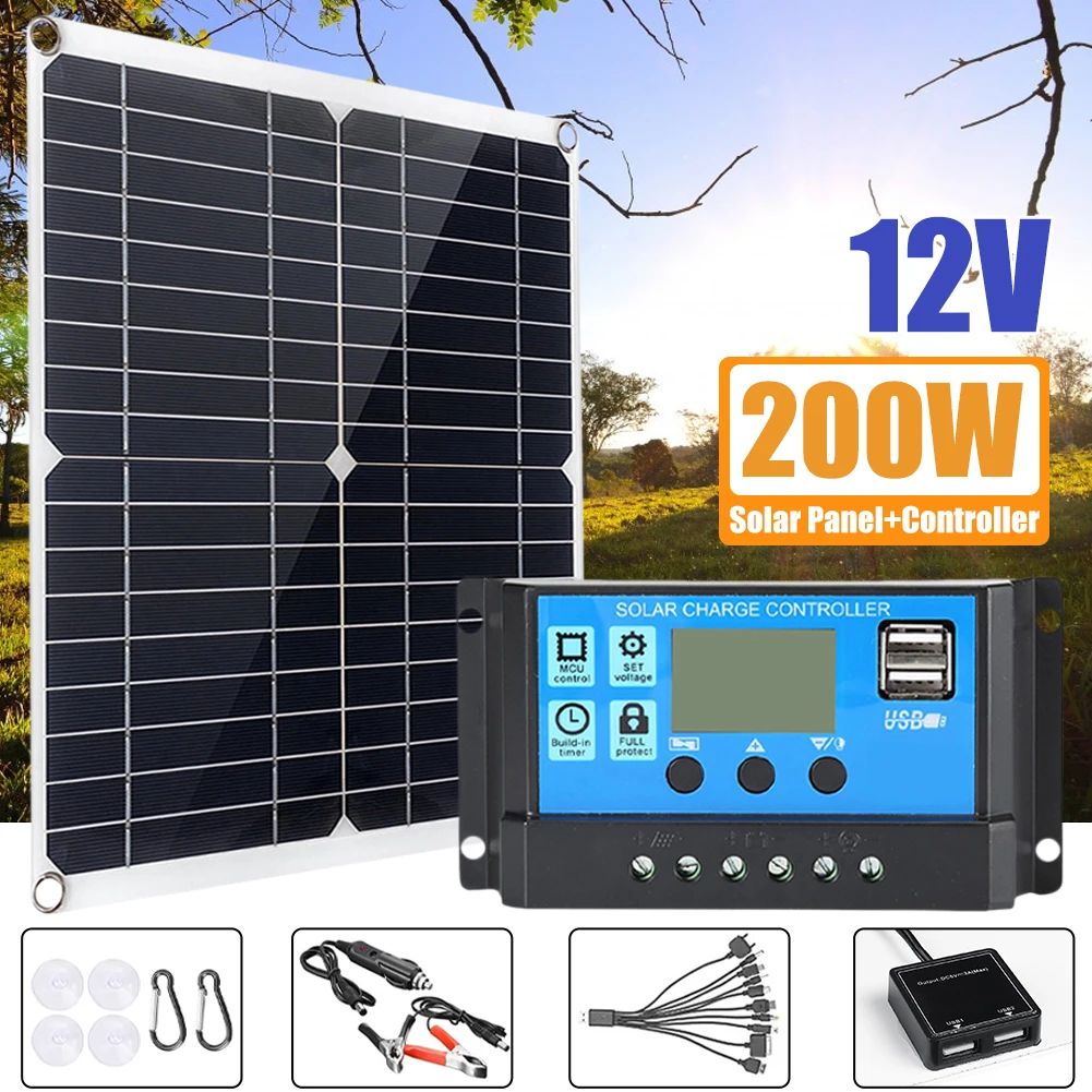 200W 12V Caravan Boat Solar Panel with 100A Solar Charge Controller Kit Dual 5V USB Outputs