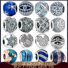 

New 925 Sterling Silver Dazzling Blue Flowers Round Shape Beads Charms Fit Original Pandora Bracelet Bangle Women Jewelry Making