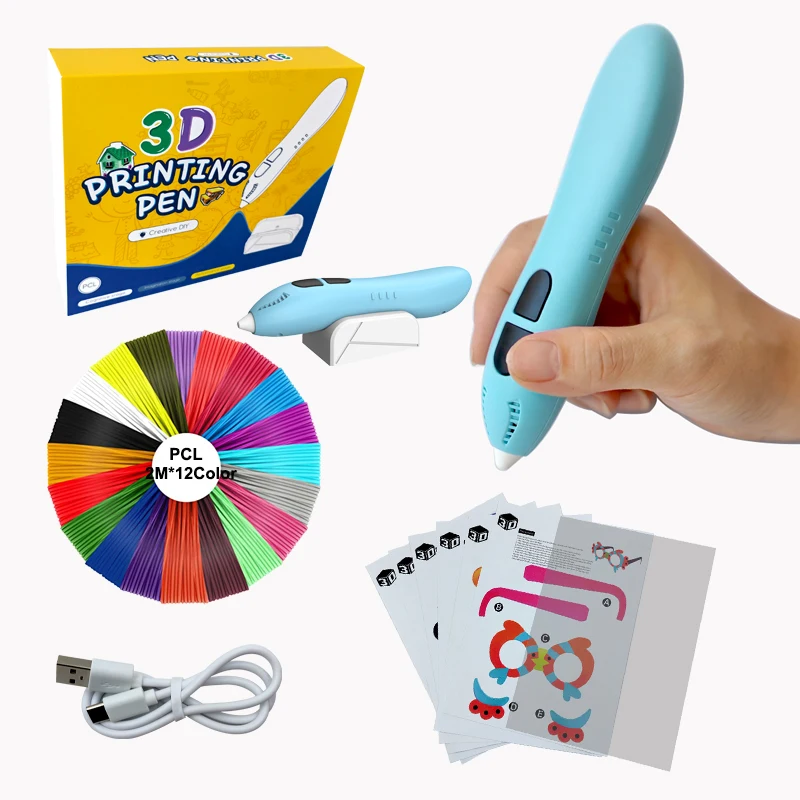 CRH Super Low Tem 3D Printing Pen-Includes 3D Pen, 12 Colors of PCL Filament Refill with Stencil Guide and User Manual, Blue