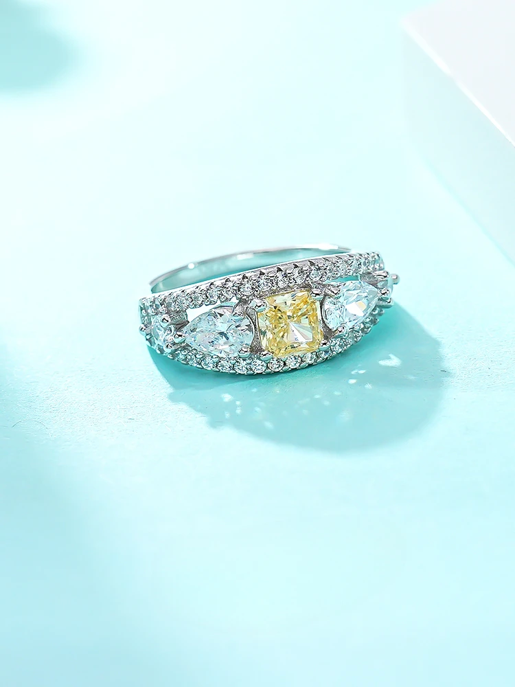 Light Luxury Yellow Diamond 925 Silver Ring Set with High Carbon Diamond, Versatile and Simple Style, New Daily Style