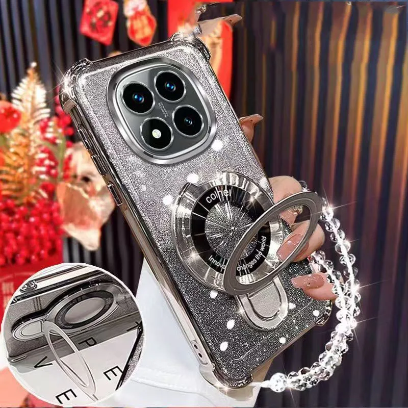Shockproof Glitter Phone Case with Magnetic Bracket Holder and Bracelet