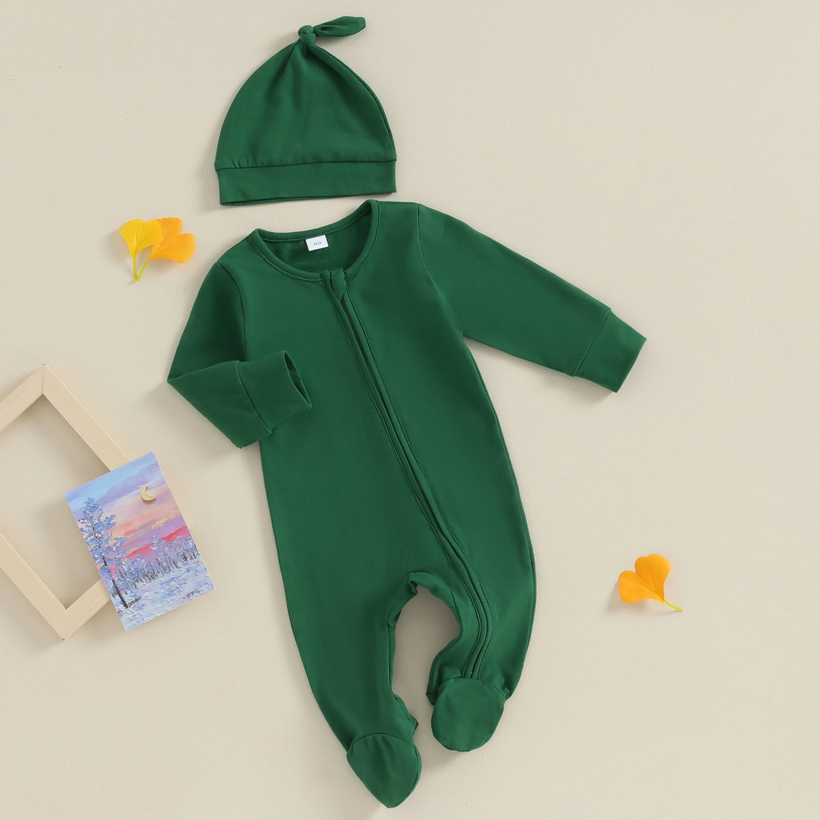 Ma & baby 0-6M   소년 소녀 점프 슈트 부드러운 긴 소매 지퍼 Romper + 모자 가을 봄  복장 의류