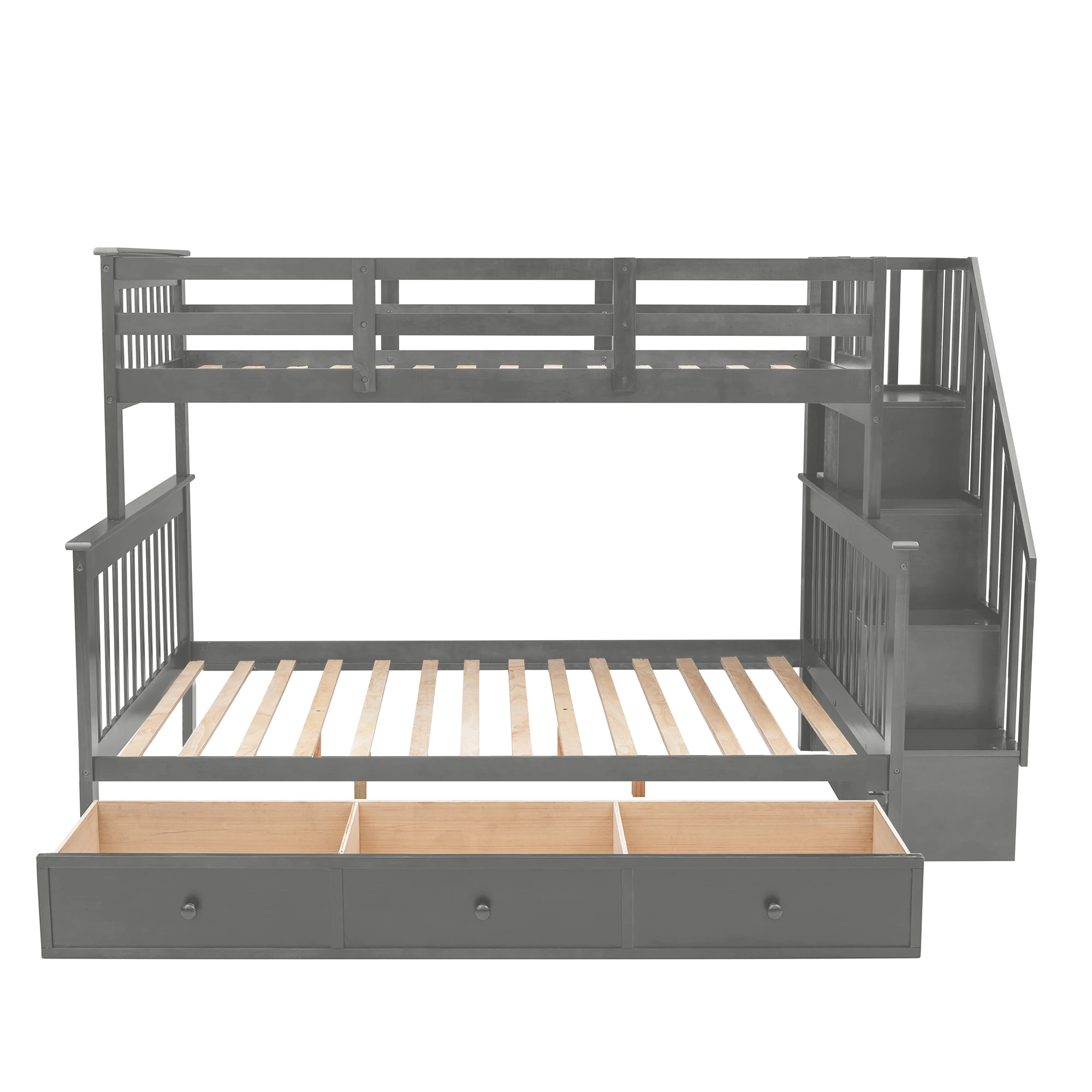 

Stairway Twin-Over-Full Bunk Bed with Drawer, Storage and Guard Rail, Gray