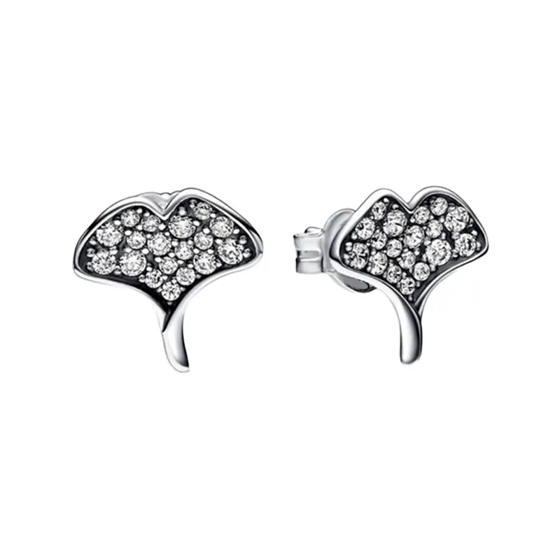 

Concave Gingko Leaf Ear Piercing Stud Earrings For Women 925 Sterling Silver Fine Jewelry Beaded Pave Setting Round Clear Zircon