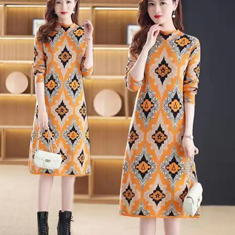 

High Quality Autumn Winter Jacquard Knit Dress For Women 2023 New Clothes Fashion Half High Collar Warm Slim Female Sweater