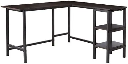 

53 Inch Black Metal Corner Desk with Storage Shelves / L-Shaped Computer Desk / Office Desk / Easy, Bolt Free Assembly