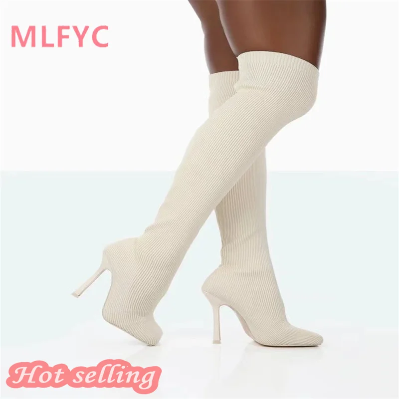 Knee length boots for women's autumn and winter new large knitted sexy high heel sleeve elastic boots and socks boots