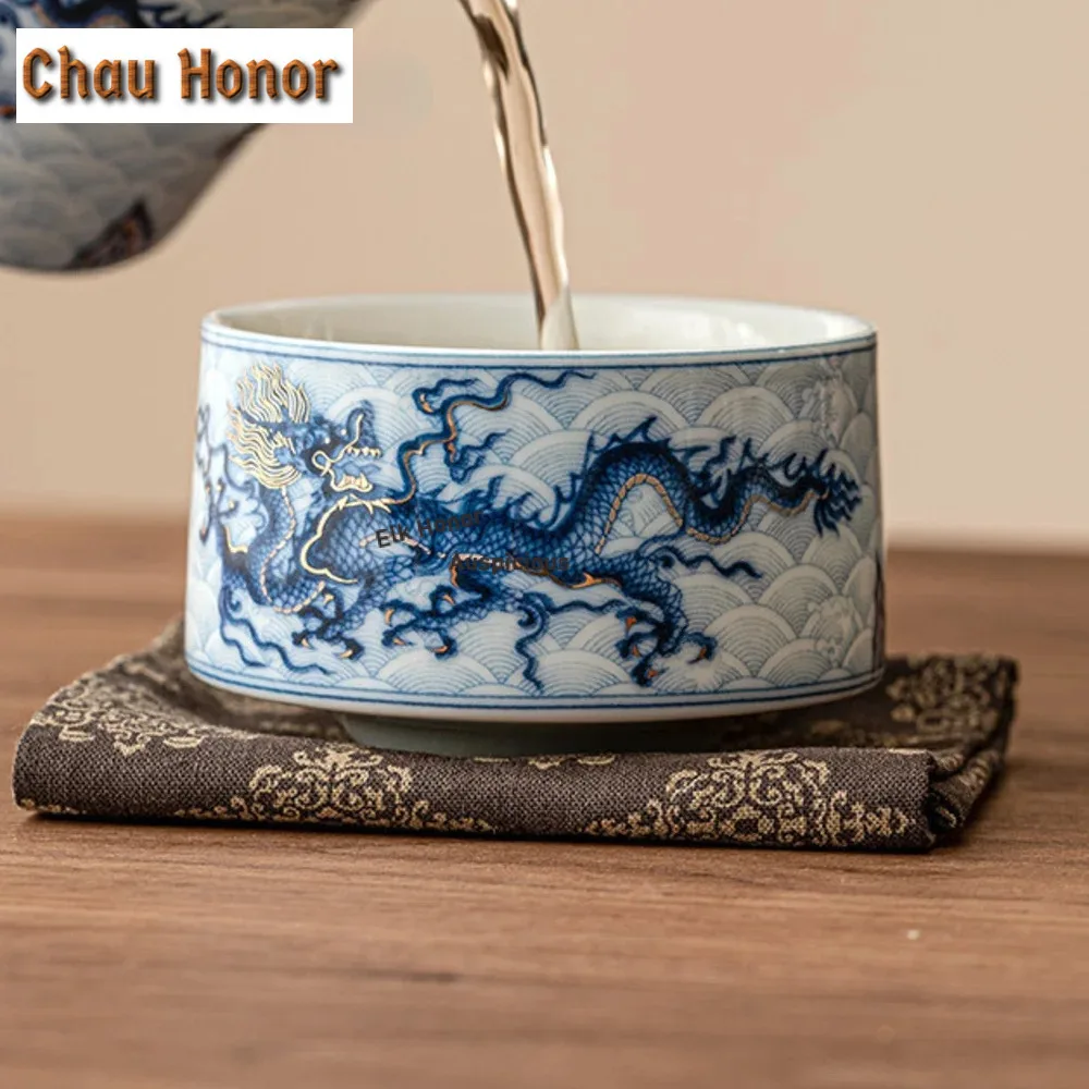 120ml  High-end Gold Silver Inlaid Ceramic Teacup Blue and White Dragon Master Cup Straight Mouth Personal Tea Bowl Jianzhan Mug