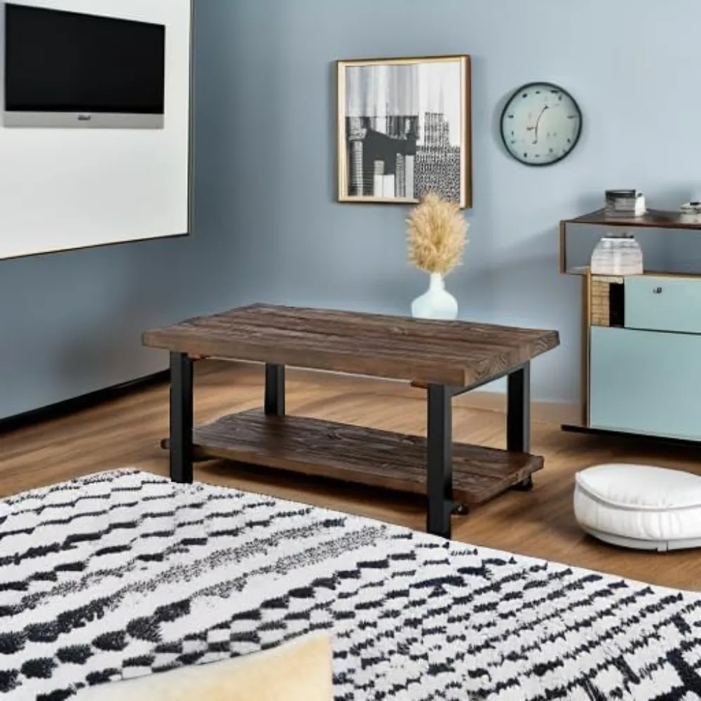Alaterre Furniture Pomona Rustic Industrial Modern Vintage Metal and Solid Wood Coffee Table, Easy Assembly - Image 2