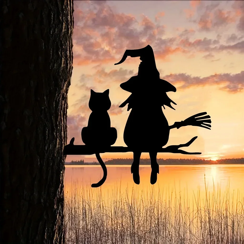 

Hello Young 1pc Iron Silhouette Cute Witch and Cat Garden Stake on The Branch Yard Art Decor Tree Stump Plug-in Yard Garden Lawn