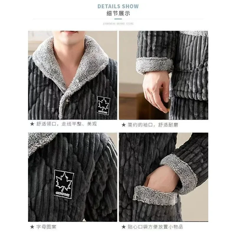 Sleepwear Men Winter Three-layer Cotton Sandwich Thickened Coral Velvet Home Suit Middle-aged Young Large Size Outer Flannel Set
