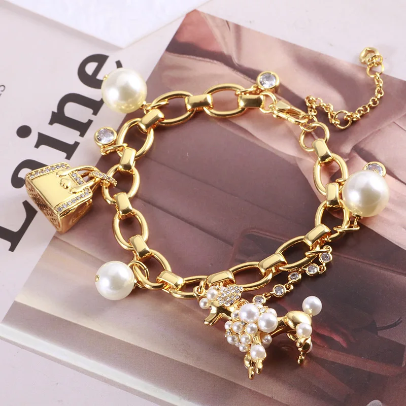 Europe and the United StatesEnamel glaze cute three-dimensional handbag cute dog Pearl pendant bracelet
