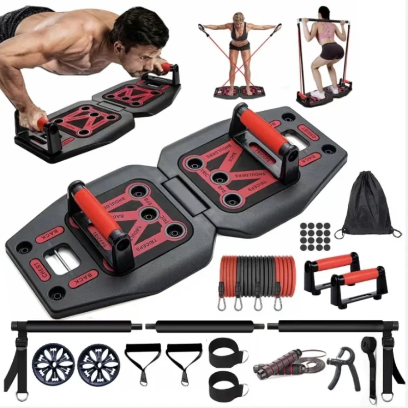 Portable Push-up Board,Multifunctional Push Up Board,Pilates Bar & 20 Fitness Accessories with Resistance Bands,Portable HomeGym