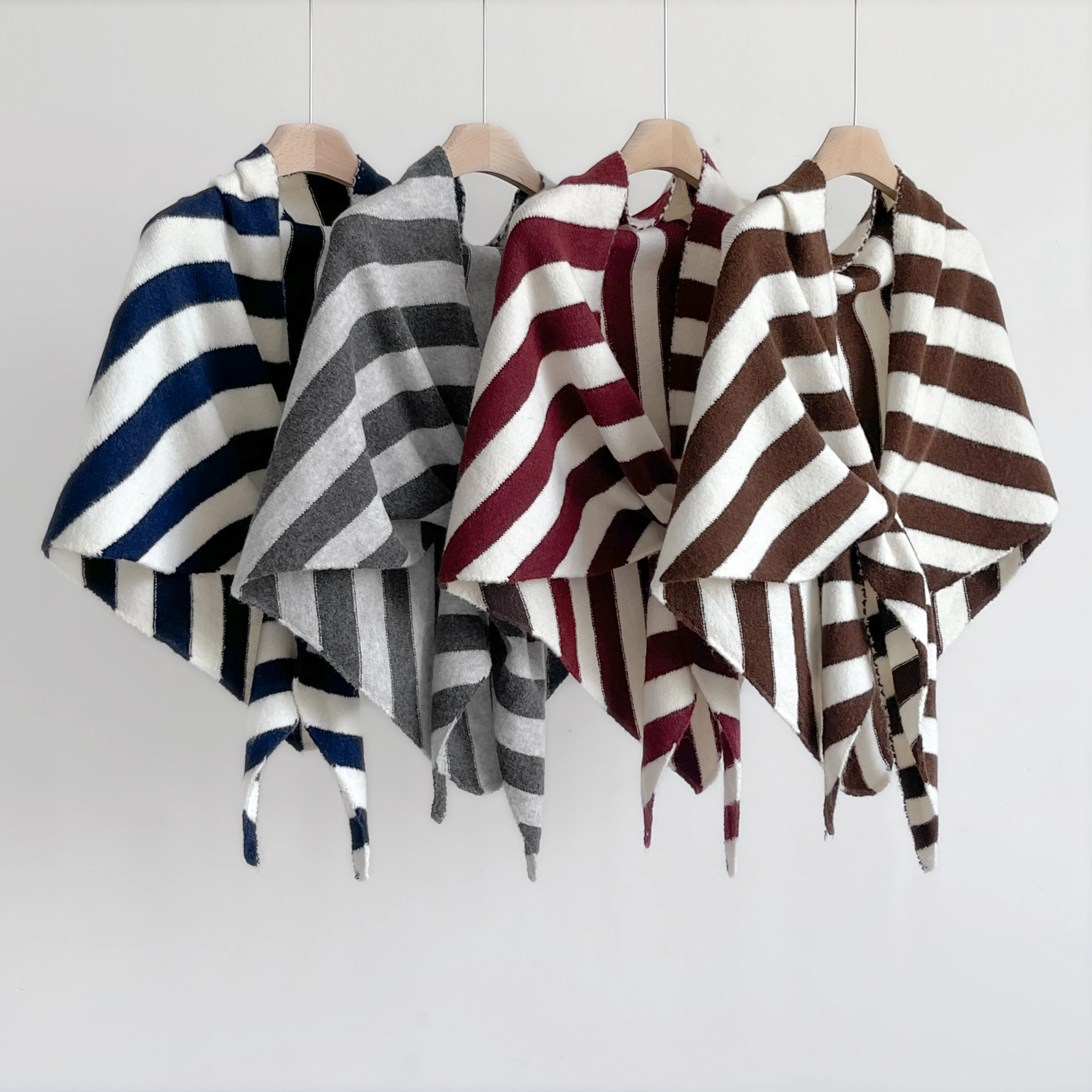 2025 Autumn and Winter New Women's Neck Wrap Wool Blended Triangular Striped Shawl Female Thickened With Knitted Warm Shoulder