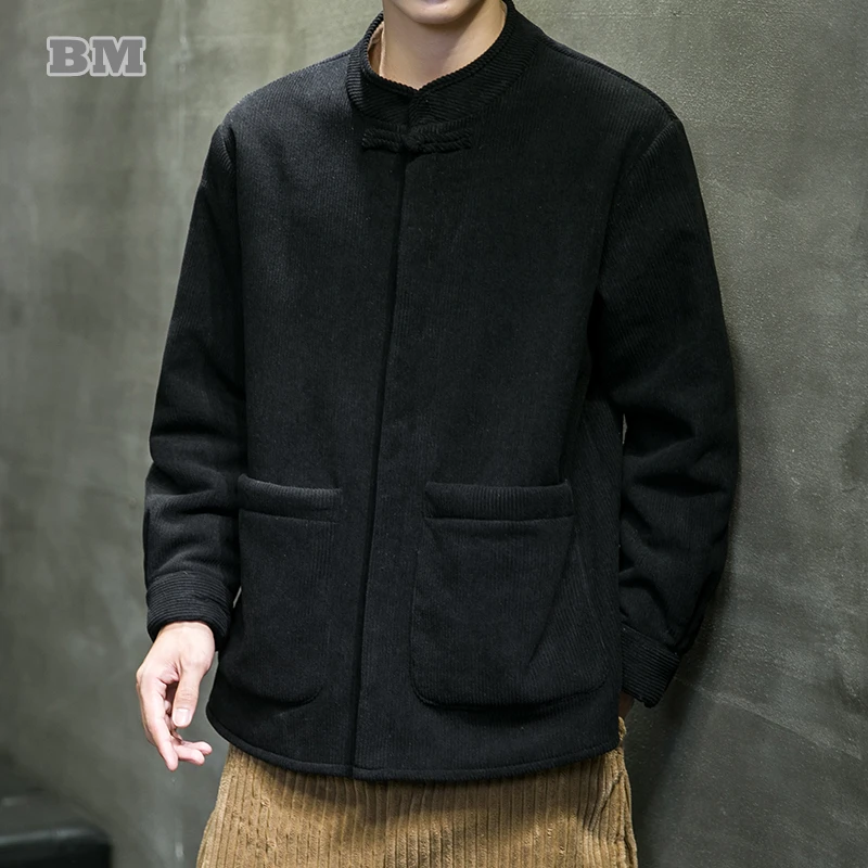 

Winter Fashion Fleece Thick Coat Men Clothing Chinese Style Black Jacket Plus Size Simple Long Sleeves Tai Chi Kung Fu Tang Suit