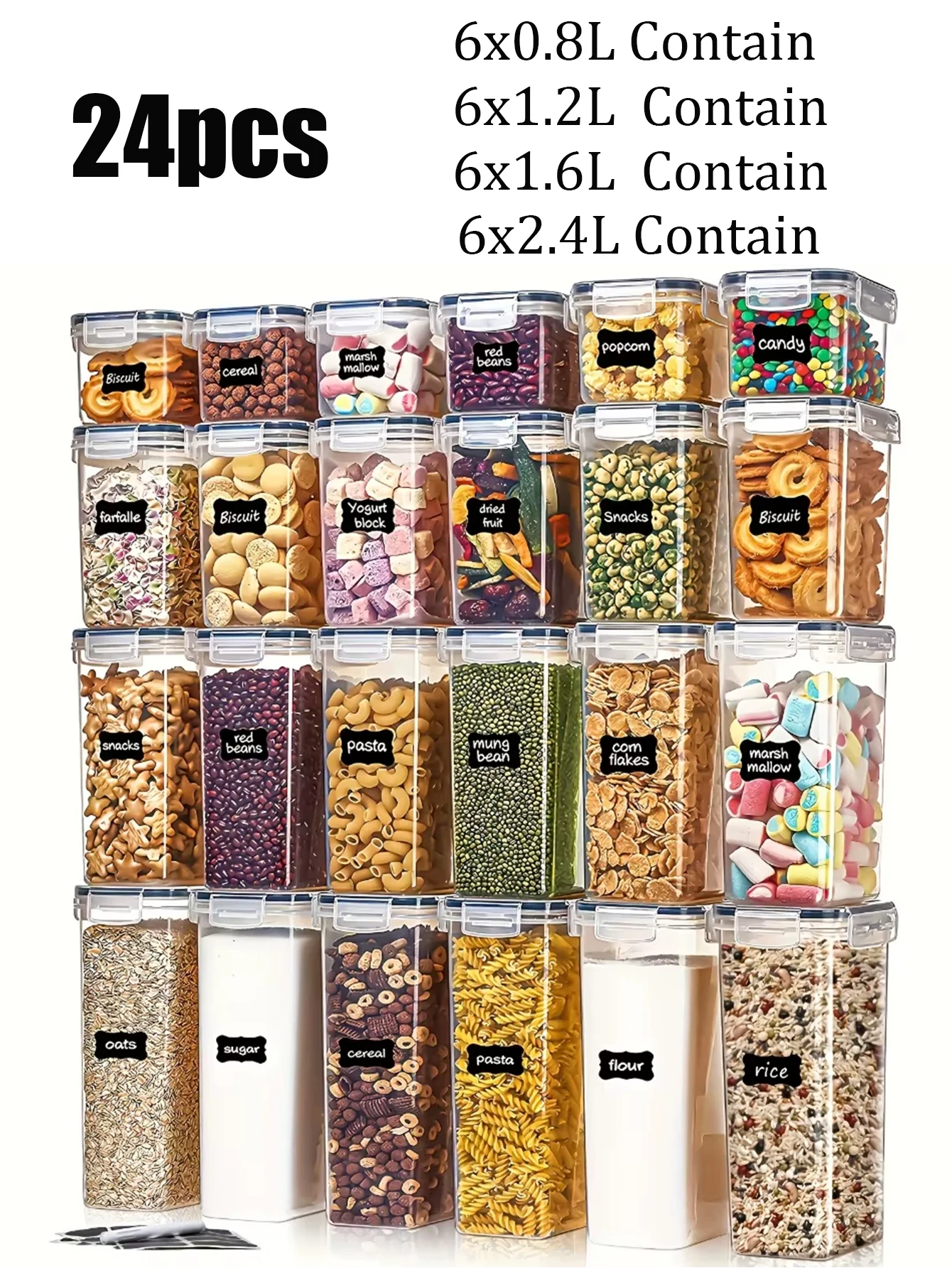 24 contenants alimentaires hermétiques sans BPA avec couvercles - Rangement pour produits secs lavable au lave-vaisselle pour la farine, le sucre, les pâtes, organisateurs de garde-manger