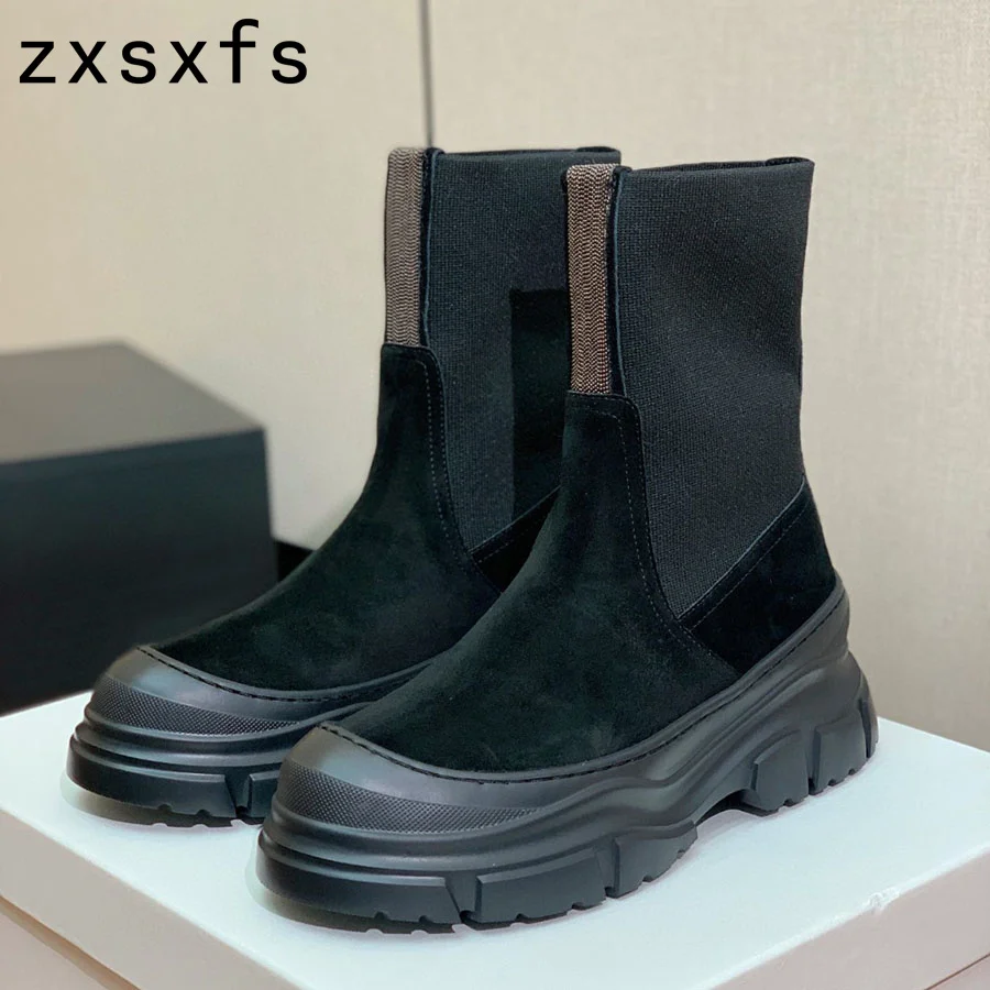 Hot Thick Sole Platform Chelsea Boots Women Quality Suede Leather Mid Calf Short Boots Flat Knight Boots Women Winter Shoes