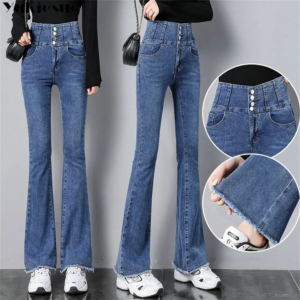 

New High Waist Fashion Korean Vintage Flare Jeans Women's Elegant Harajuku Button Skinny Denim Pants Streetwear Slim Trousers