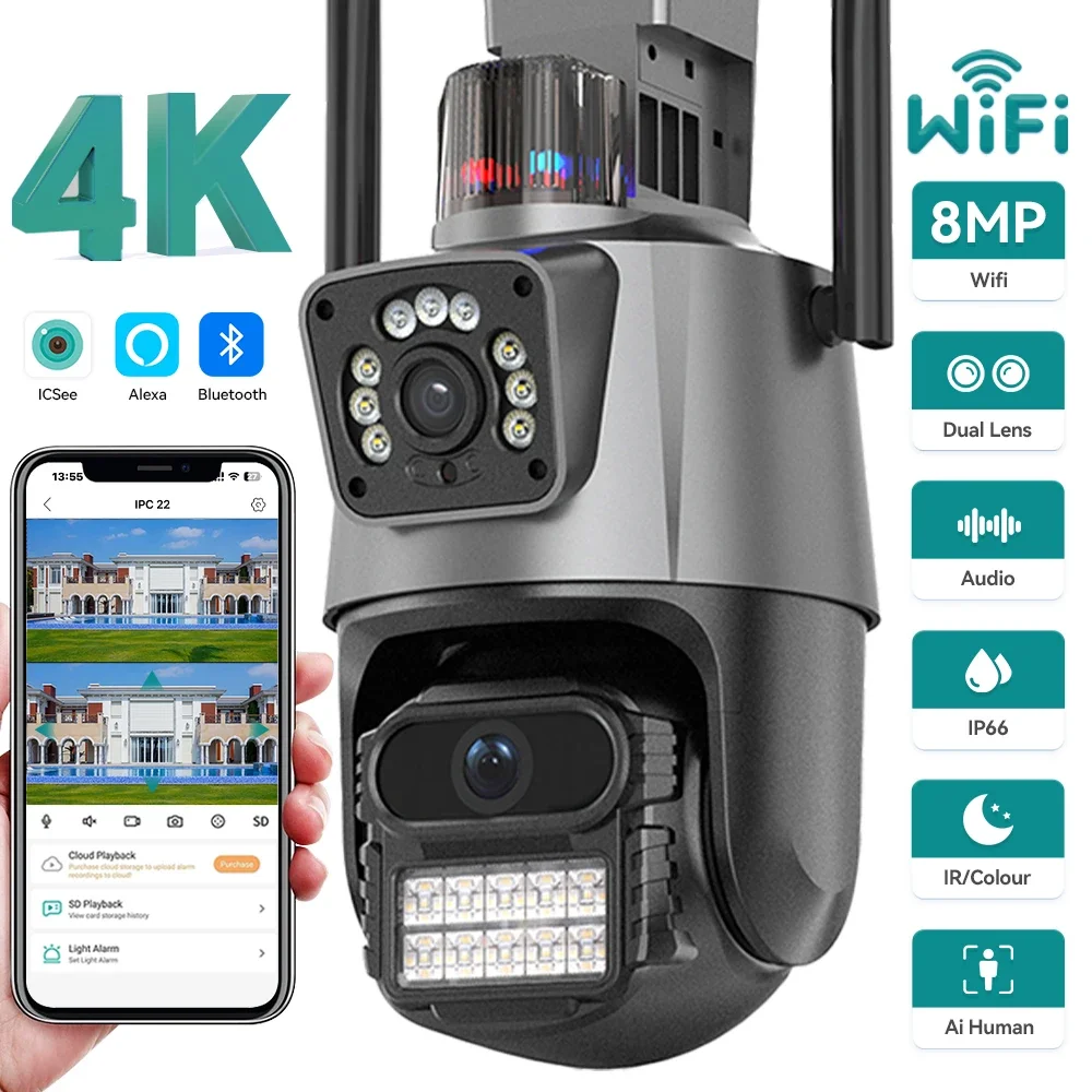 4K 8MP WiFi PTZ Surveillance Dual lens Dual Screen Camera Outdoor IP66 Waterproof 4MP AI Human Detect Security Video ICSEE APP 1