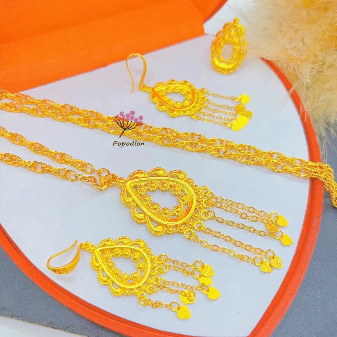 

Popodion 24K Gold Plated Bridal Wedding Tassel Necklace Earrings Women's Ring Paired with Dress Jewelry Three Piece Set YY10429