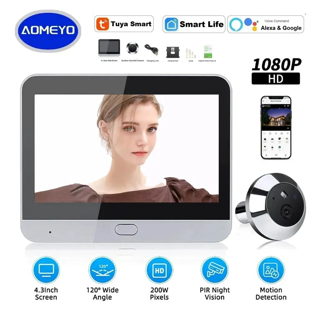 4.3 Inch Tuya Wide Angle Video Doorbell Camera One Way Intercom Motion Detection Wifi 5000mAh Battery