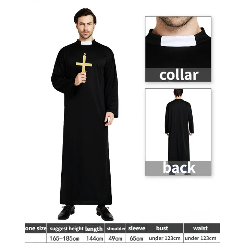 Cosplay costume men festival costume set halloween cloak costume Adults All Black Robe Godfather Role Playing Costume with cross pastor missionaries Halloween Costume stage performance