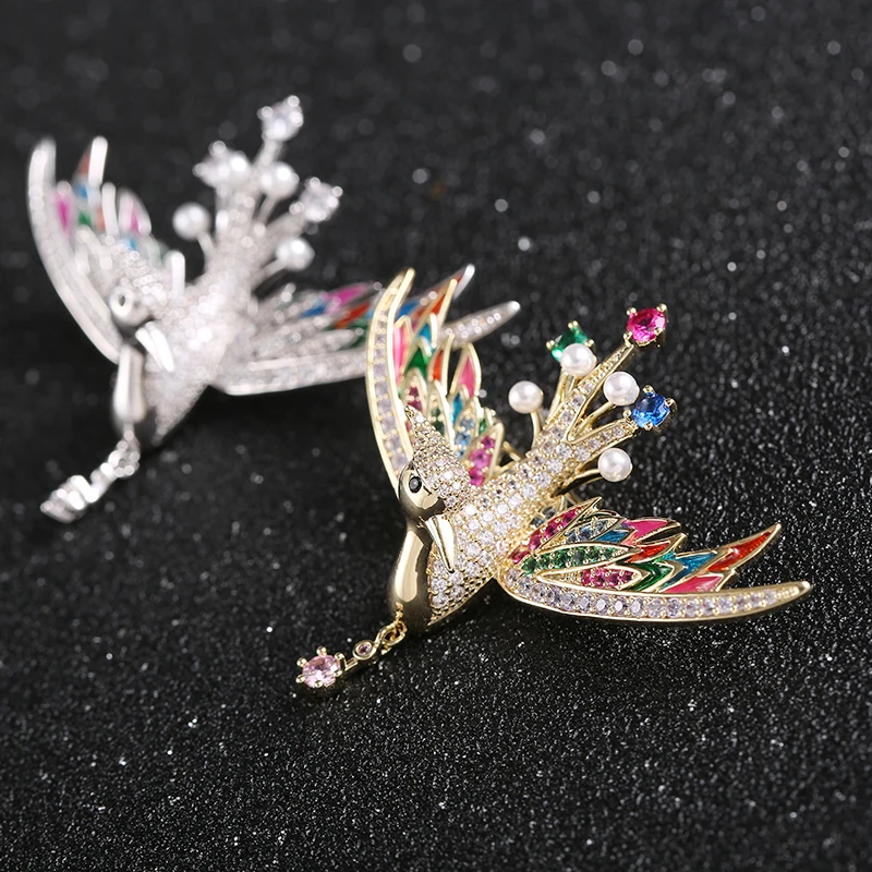 

Pretty Colorful Enamel Zircon Phoenix Copper Pins Gold Silver Tones Bird Brass Brooches For Women Girls Dress Tuxedo Jewelry