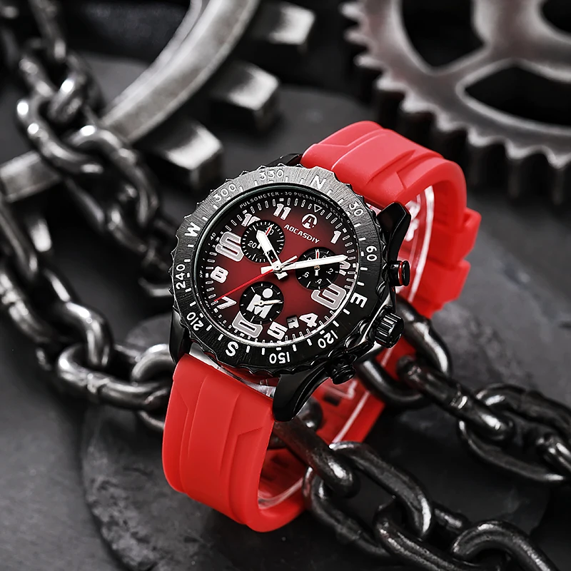 Orologio Uomo Lusso Cronografo Quarzo - 3ATM Impermeabile, Sportivo Multifunzione Con Cinturino In Silicone Rosso