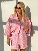 Clacive Fashion Loose Print 2 Piece Sets Women Outfit 2024 Casual Long Sleeve Shirt With High Waist Shorts Set Female Homewear - Image 2