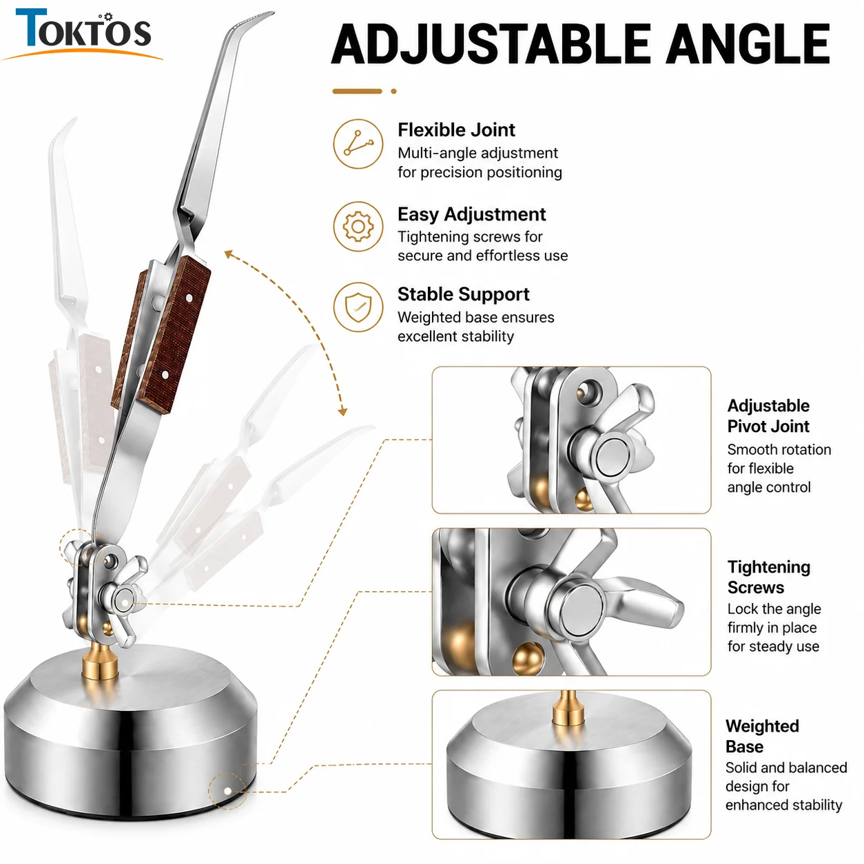 TOKTOS Third Hand Helping Hands Tool Weighted Base Self Closing Tweezers 360° Adjustable Jewelry Repair Holding Tool