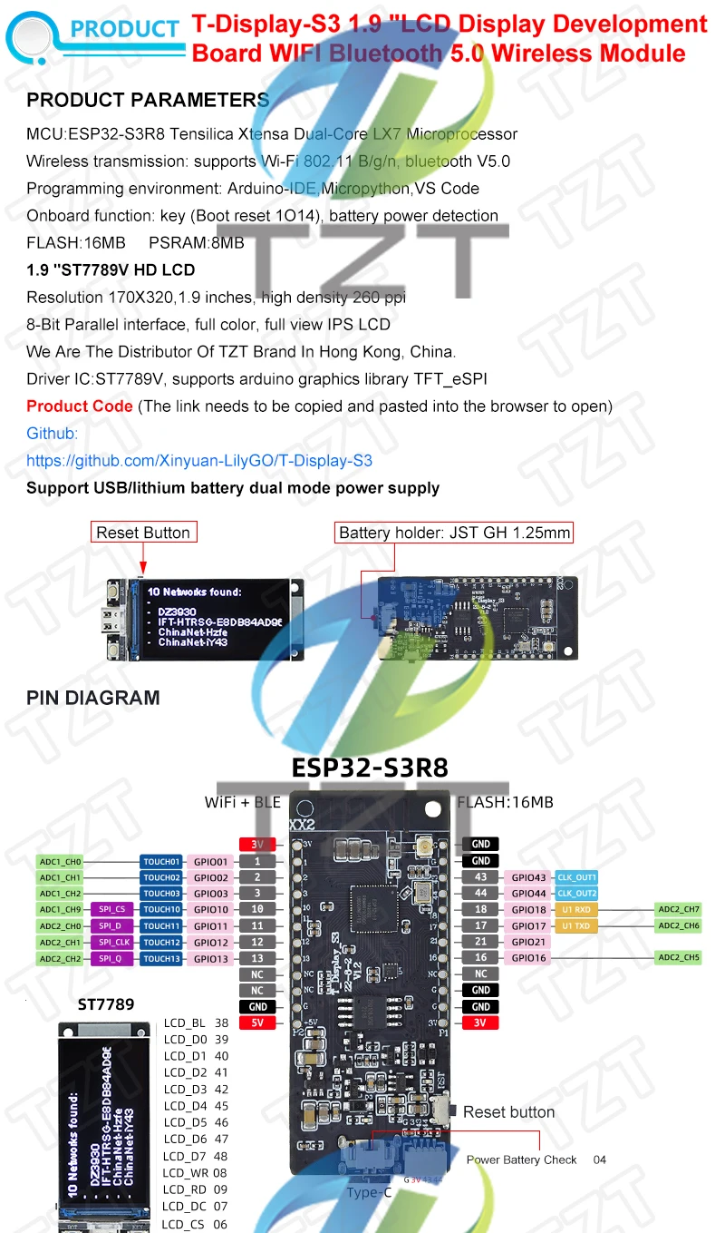 ESP32-S3 1,9 Zoll ST7789 LCD-Display WLAN Bluetooth 5.0 ESP32 Entwicklungsboard Drahtloses Modul 170*320 Auflösung T-Display-S3 – Detail 1
