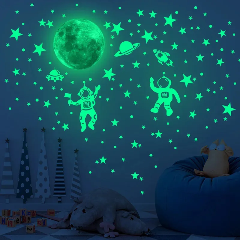 Luminous Wall Stickers-Astronaut Luminous Wall Stickers Stars and Moon Self-adhesive Wallpaper for Children's Bedroom