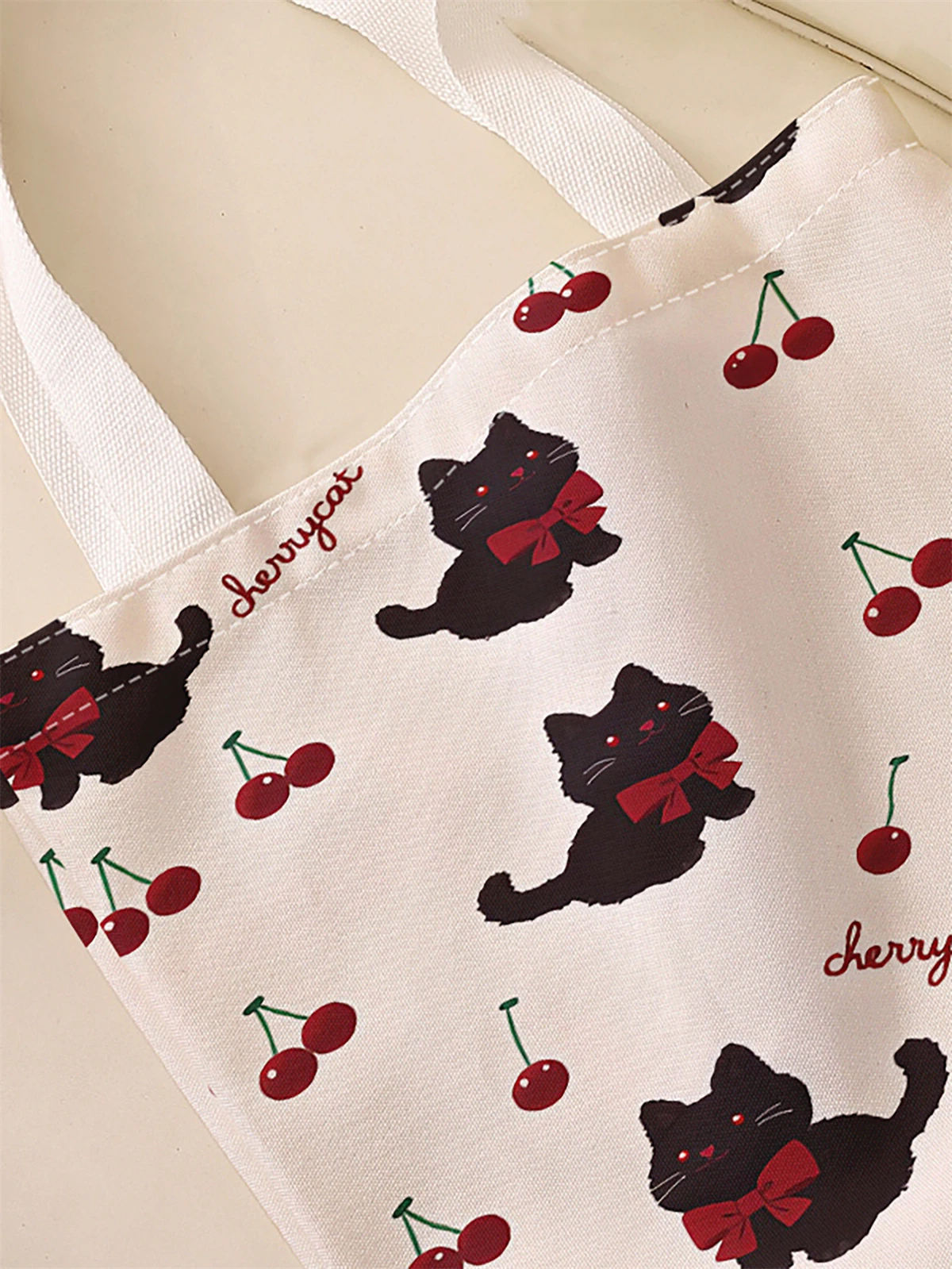 Cat and cherry printed casual handbag, reusable fashionable backpack, multifunctional handbag, canvas shopping bag