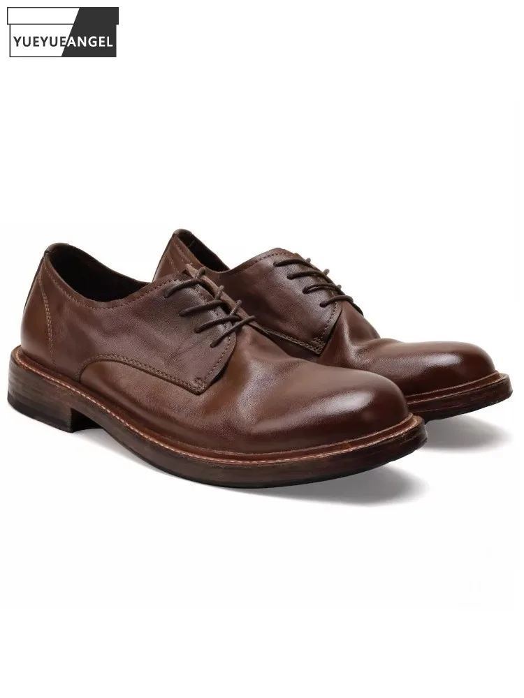 

Vintage Spring Mens Business Work Cowhide Genuine Leather Formal Shoes Classic Lace Up Low Cut Round Toe Wedding Dress Shoes