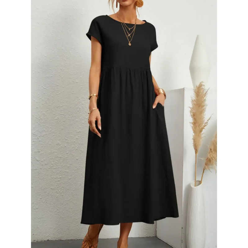 

Vintage Solid Midi Dress Casual Short Sleeve Cotton and Linen Harajuku Oversized Long Dress Women Summer Y2K Maxi Sundress 2023