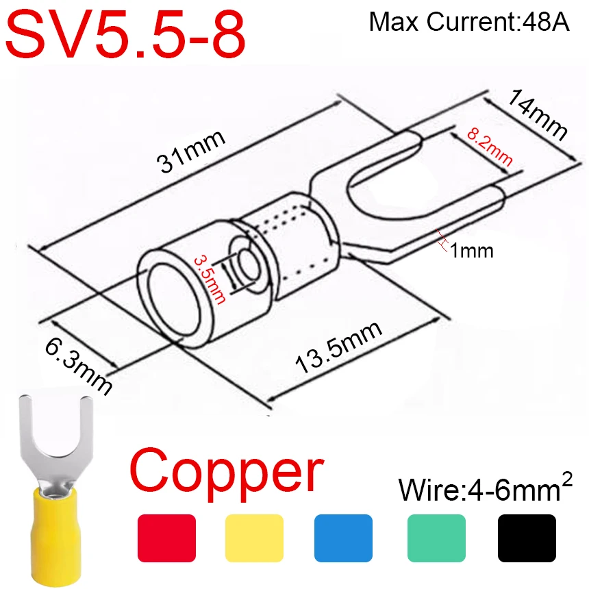 thumbnail image 1 of SV1.25/2/3.5/5.5/8-3/3.7/4/5/6/8 SV1.25/2/5 Cable de alambre Furcate de horquilla de cobre conector eléctrico Terminal de engarzado aislado de pala, 1 of 5