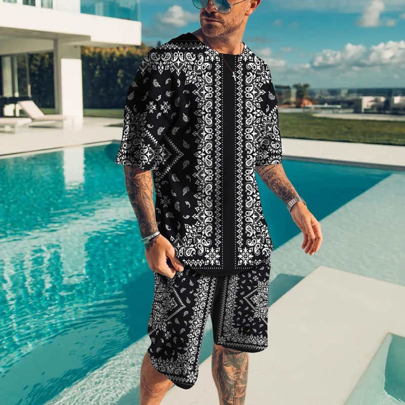 Summer Men's Tracksuit Stitching Stripes Pattern T-Shirt Shorts Set Vintage Outfit Casual Suit Male Oversized Street Clothing