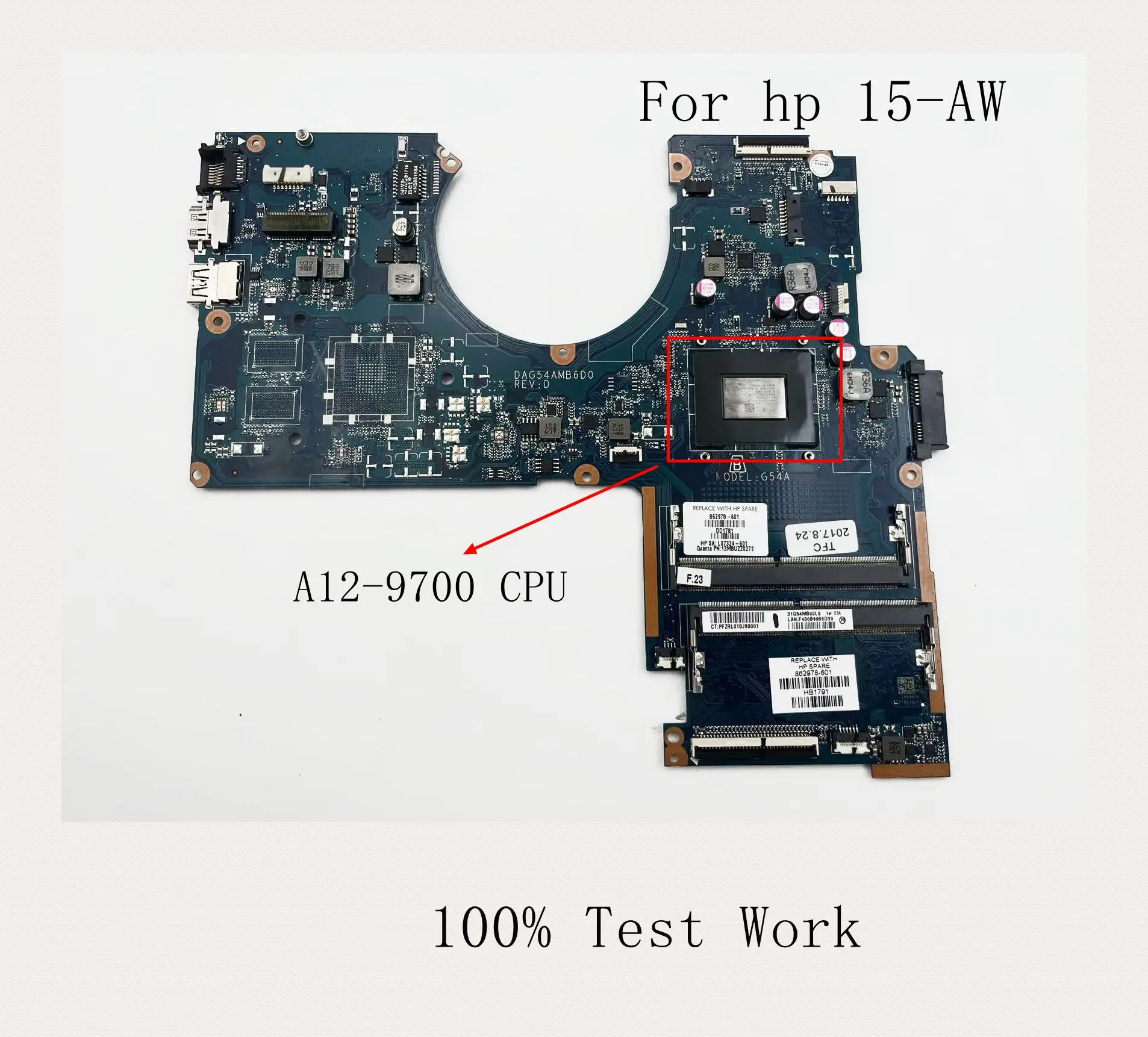 

For HP 15-AW 15-AU Notebook Motherboard A12-9700CPU DDR4 862978-601 L07324-601 DAG54AMB6D0 100%Test Works Properly