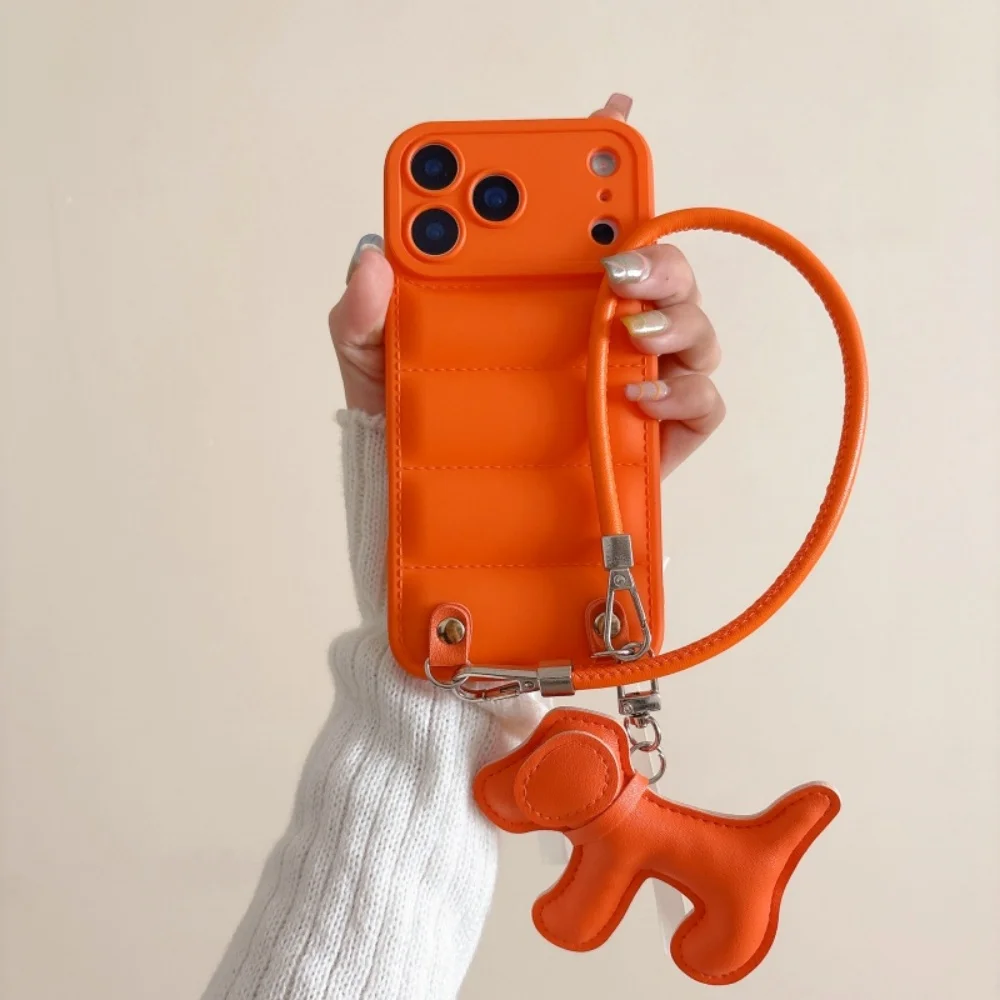 Cartoon Dog PU Leather Lanyard Phone Case with Creative Down Jacket Design