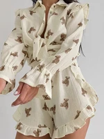 Marthaqiqi Home Clothes Women Turn-Down Collar Pajama Long Sleeve Nightwear Shorts Causal Printing Ladies Sleepwear 2 Piece Suit - Image 5