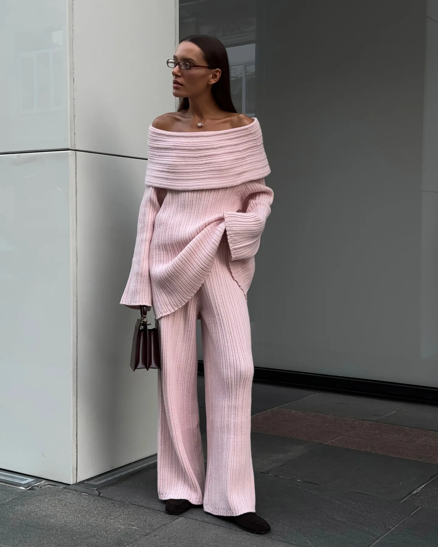 Elegant One-Shoulder Knitted Dress For Women Loose Sexy Rib knit Sweater Autumn Winter Midi Dresses Female Long Sleeve