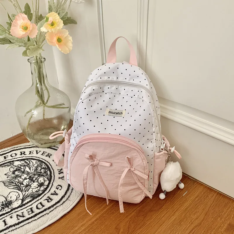 Women's casual hiking backpack suitable for elementary school students' outdoor sports, bow and dot design, lightweight