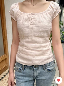 Puff Sleeve Pink Sweet Summer T-shirts Cotton Linen New 3 Button Chic Casual Puff Sleeve Tees Cute Solid Waist Tie Slim Y2K Top 1