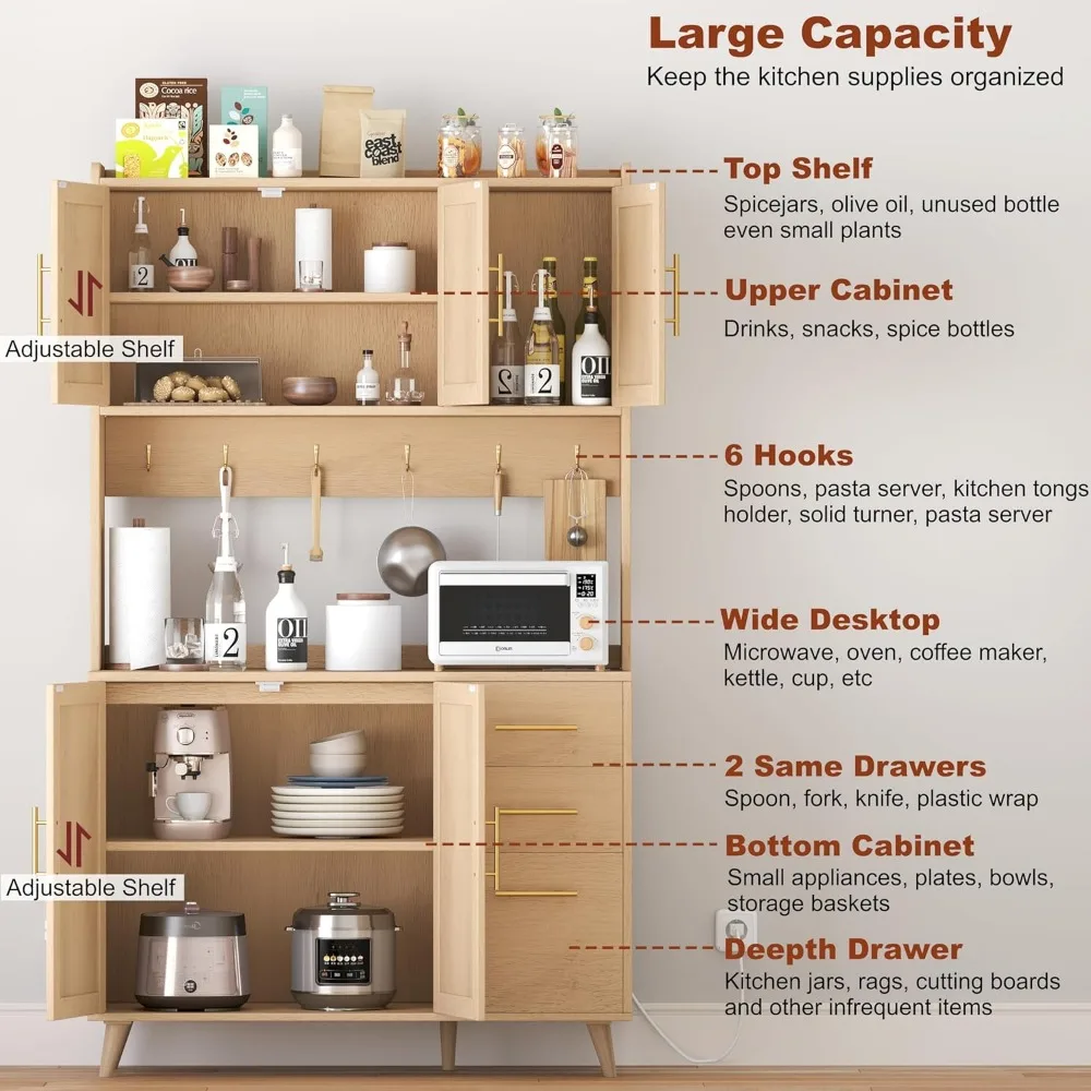 70.9" Kitchen Pantry Cabinet w/ Microwave Shelf,Rattan Freestanding Storage Cabinet w/ Charging Station,Sideboard Buffet Cabinet 3
