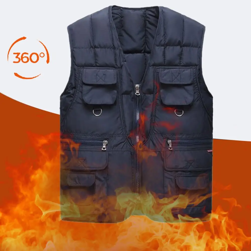 Description Picture 5 of itemMen Vest Solid Color With Multiple Pockets Zipper Closure Sleeveless Vest Jacket Autumn Winter Waistcoat Men Fashion Clothing