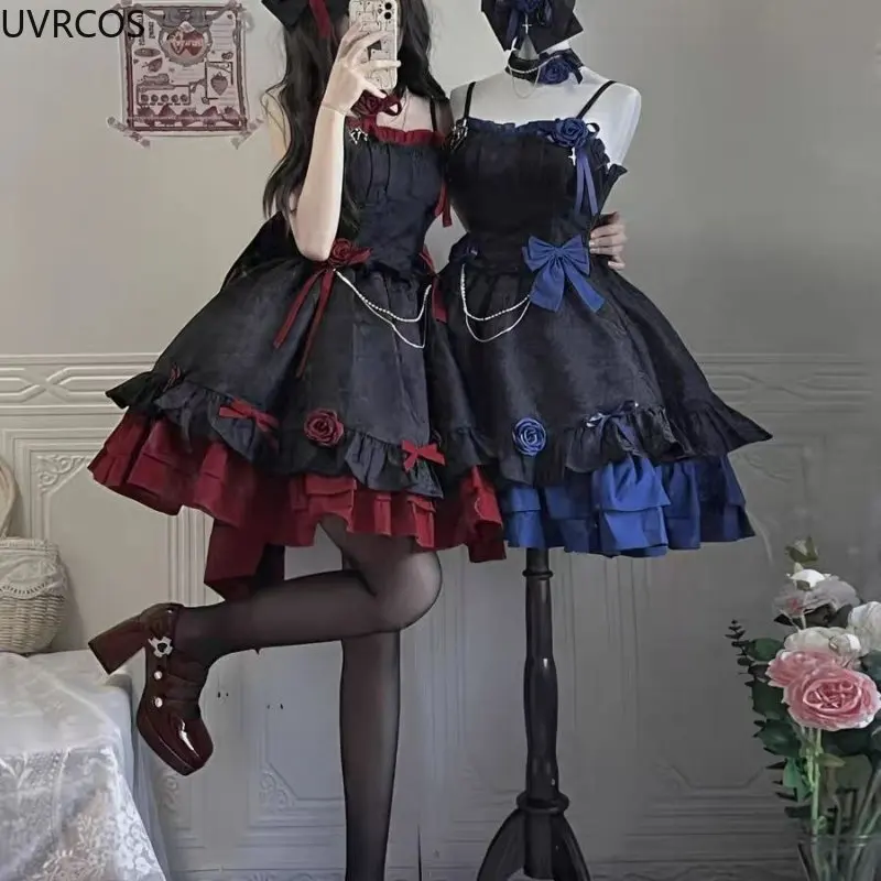 Lolita Suspender Dress Lolita Dress Lolita Cosplay Costumes Victorian Dark Gothic Lolita Jsk Dress Women Vintage Elegant Rose Flower Bow Princess Strap Dresses Girls Sweet Tea Party Dress